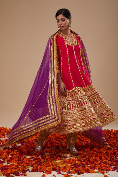Fuchsia gota embroidered long anarkali set
