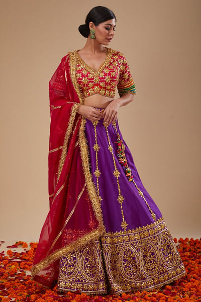 Fuchsia and purple gota embroidery lehenga set