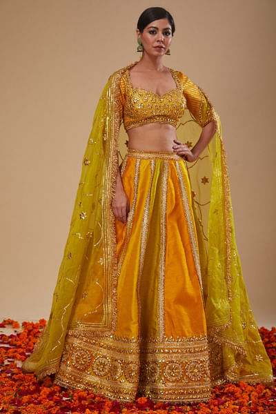 Mustard yellow gota embroidered lehenga set