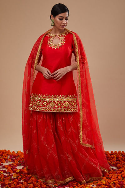Red block printed gharara set