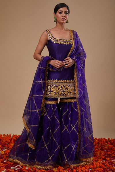 Blue block printed gharara set