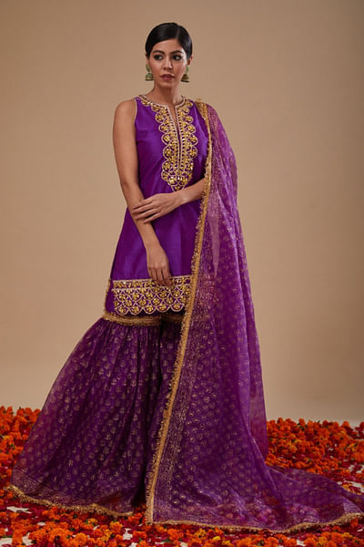 Purple block printed gharara set