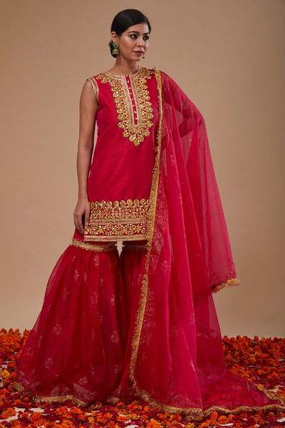Fuchsia block printed gharara set