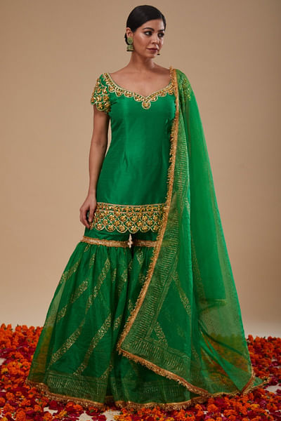 Green block printed gharara set