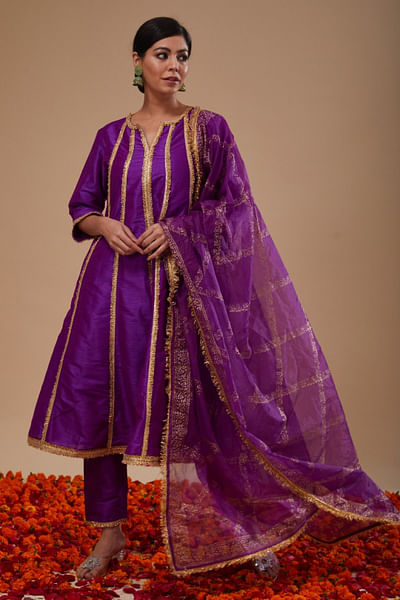 Purple lace work anarkali set