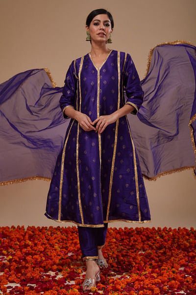Midnight blue block printed anarkali set