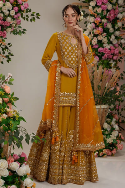 Preeti S Kapoor Mustard floral gota embellished sharara set PSKJAN24D102