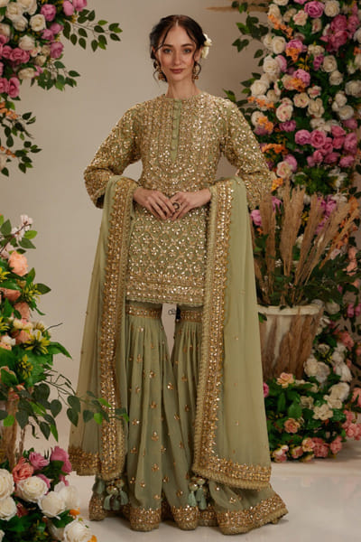 Preeti S Kapoor Aqua green floral gota embellished gharara set PSKJAN24D103