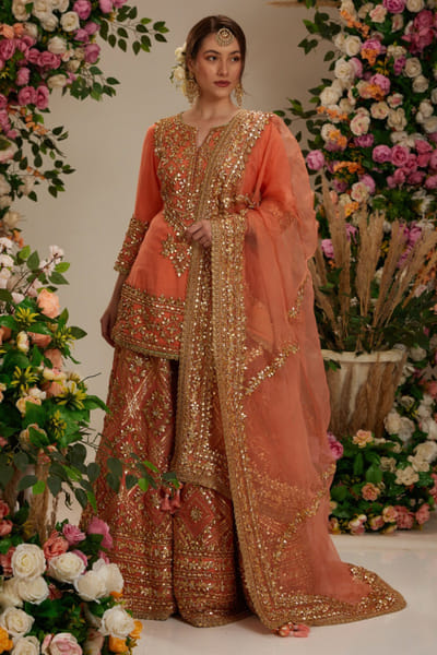 Preeti S Kapoor Peach geometric gota embellished sharara set PSKJAN24D104