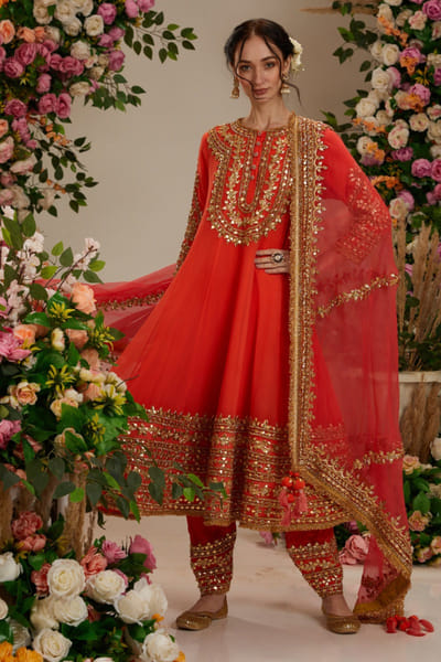 Preeti S Kapoor Coral orange floral gota work anarkali set PSKJAN24D106