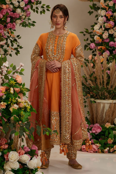 Preeti S Kapoor Peach orange floral gota work anarkali set PSKJAN24D107