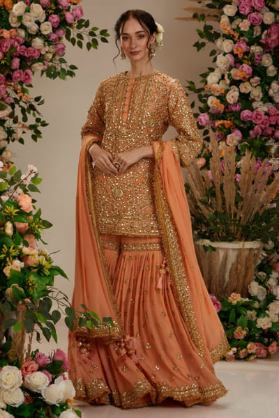 Preeti S Kapoor Soft peach floral gota embellished gharara set PSKJAN24D109