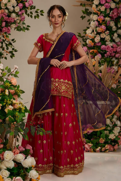 Preeti S Kapoor Hot pink and purple gota work sharara set PSKJAN24D110