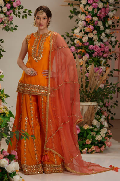 Preeti S Kapoor Orange and rose pink gota work sharara set PSKJAN24D111