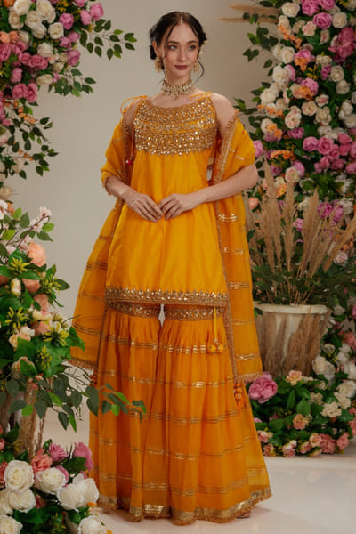 Preeti S Kapoor Yellow floral and stripe gota work gharara set PSKJAN24D112