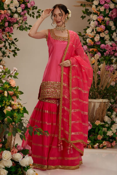 Preeti S Kapoor Pink floral and stripe gota work gharara set PSKJAN24D113