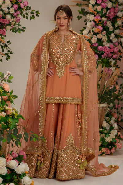 Preeti S Kapoor Peach floral gota embellished sharara set PSKJAN24D116