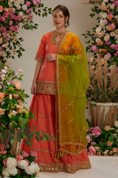 Preeti S Kapoor Orange peach and light green gota sharara set PSKJAN24D117