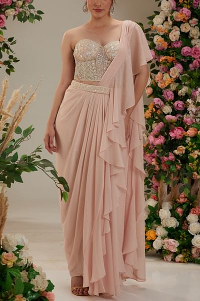 Pink embellished ruffle pre-drape sari set