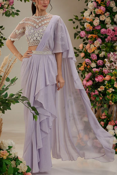 Mauve ruffle pre-drape sari set