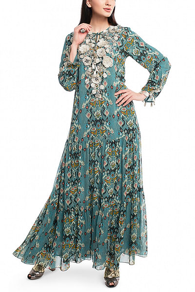 Blue ikat printed maxi dress
