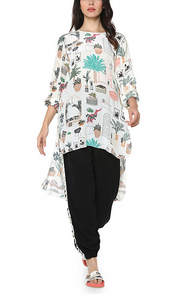 White moroccan printed high low tunic