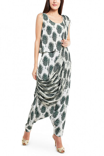 Cream printed top and dhoti set