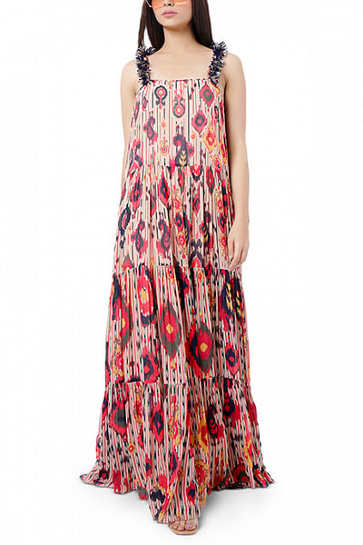 Red printed tiered maxi dress