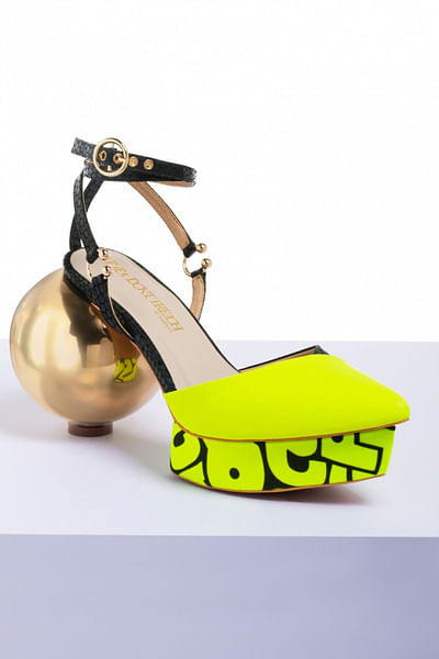 Neon yellow letter print metallic ball heels