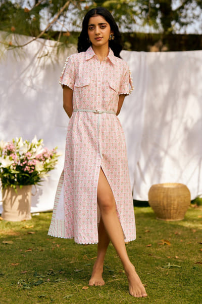 Moh India Dusty rose-ivory printed scalloped midi dress MOHIJUL26D150041
