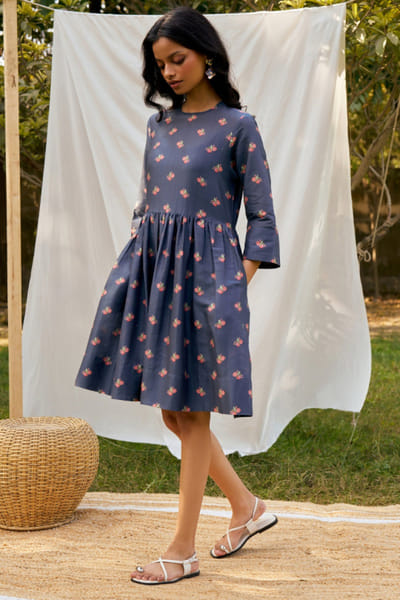 Moh India Midnight blue printed gathered short dress MOHIJUL26D150046