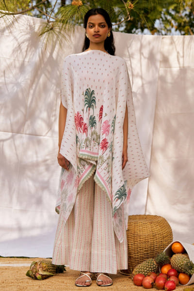 Moh India Ivory printed asymmetric kimono cape set MOHIJUL26D150034