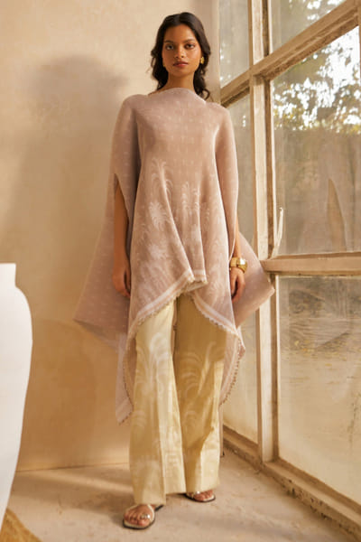 Moh India Beige printed pleated asymmetric cape MOHIJUL26D150036