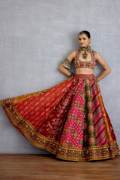 Multicoloured pearl embroidered lehenga set