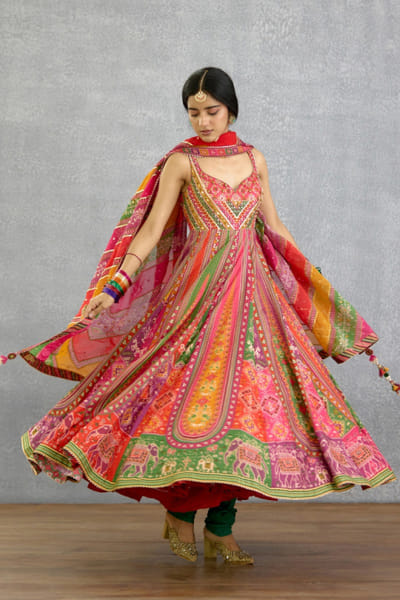 Multicoloured patola motif anarkali set
