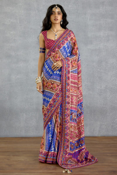 Blue and pink patola sari