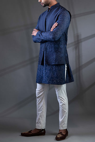Blue embroidered jacket and kurta set