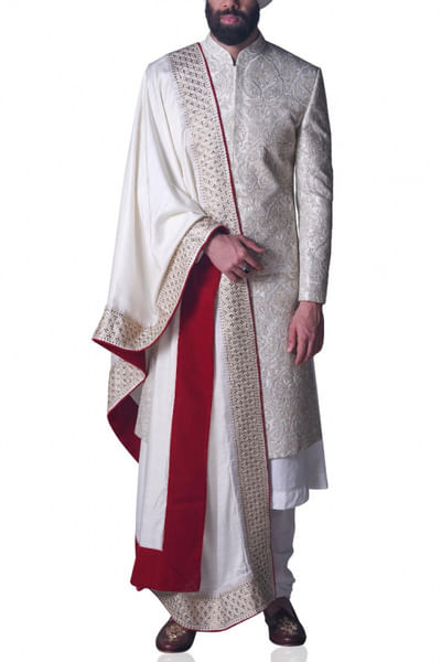 Cream embroidered sherwani set