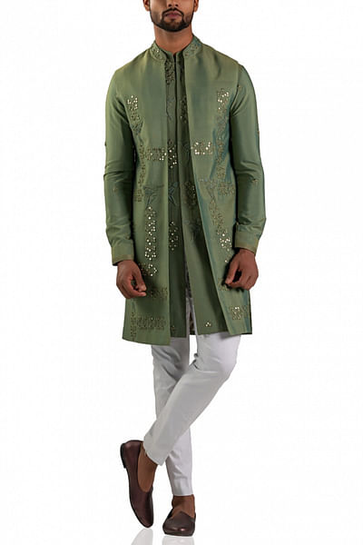 Green kurta and jacket set