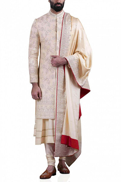 Cream embroidered sherwani set
