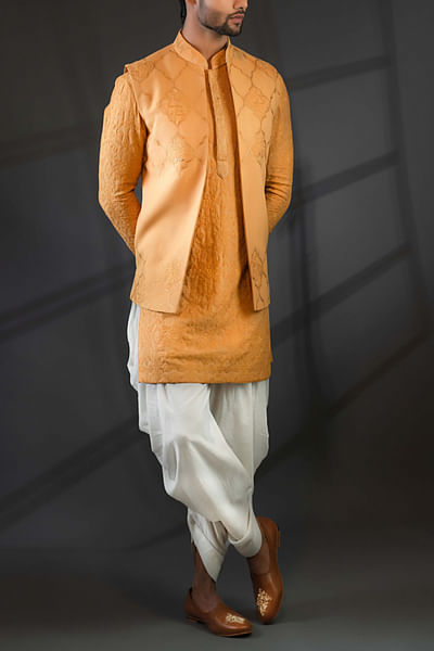 Yellow embroidered jacket and kurta set