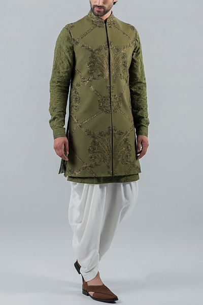 Moss green embroidered jacket kurta set