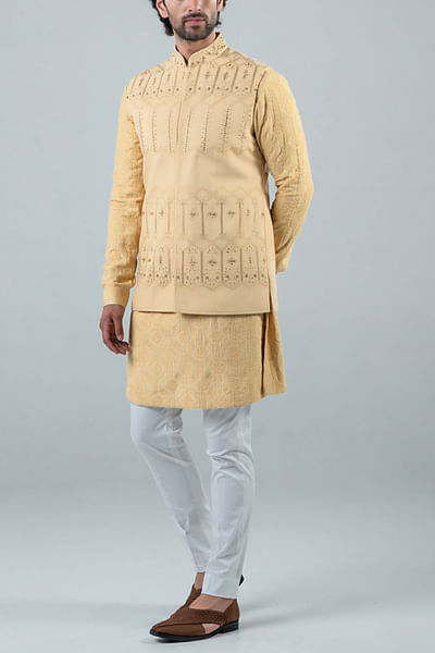 Beige yellow embroidered kurta set