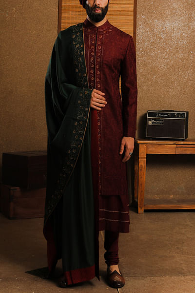 Maroon embroidered sherwani set