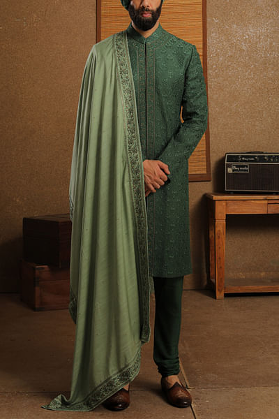 Green silk sherwani set