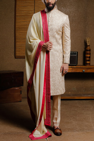 Beige embroidered sherwani set