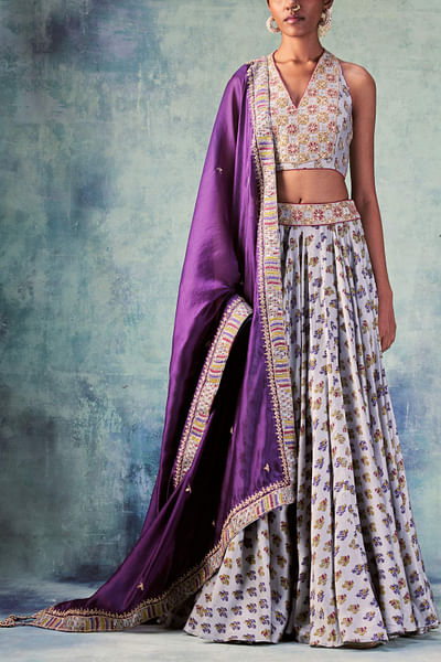 Grey printed chanderi silk lehenga set