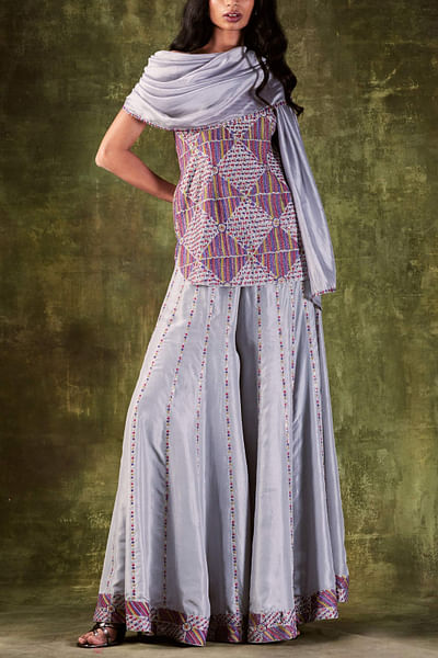 Grey embroidered kurta and sharara set