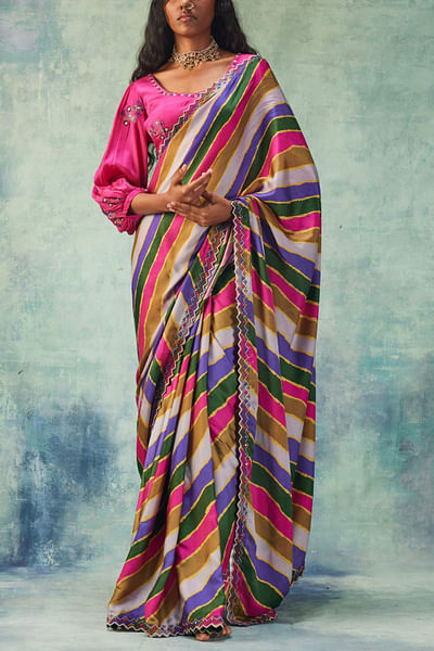 Pink and grey striped sari set