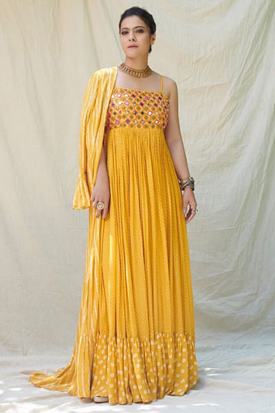 Yellow embellished maxi dress and cape